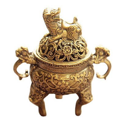 Antique Brass Three Legs Qilin Head Chinese Ancient Beast Censer Solid Coppe _r1
