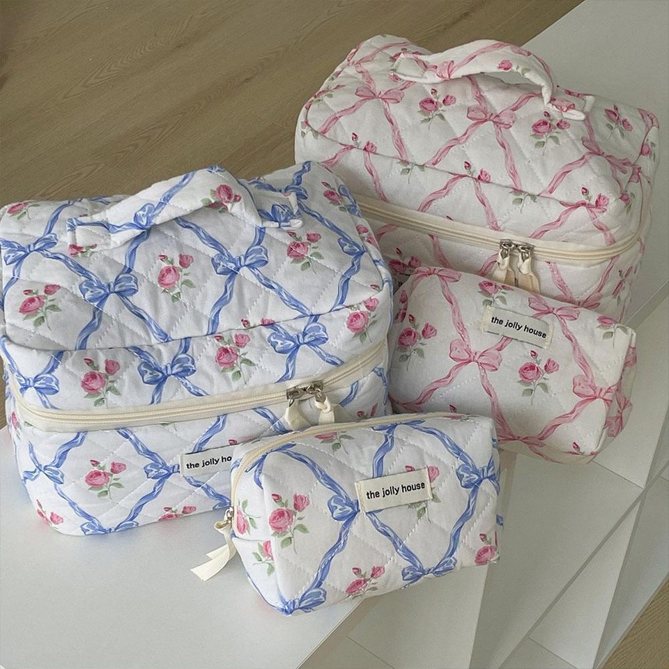 Bow Flower Quilting Cotton Makeup Bag Zipper Cosmetic Organizer Cloth