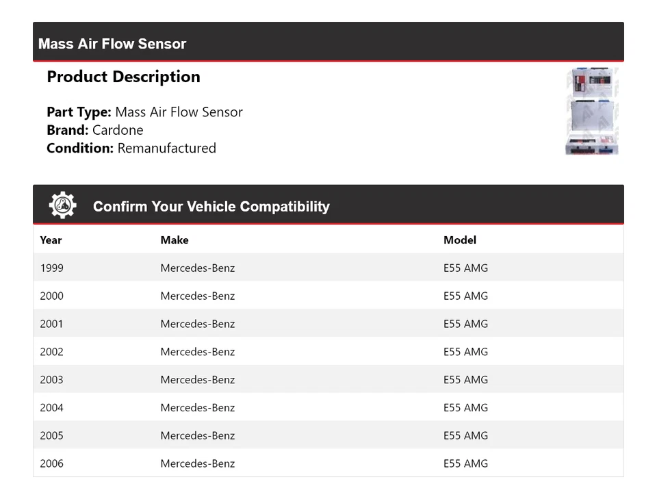 Датчик массового расхода воздуха Cardone 2000 2001 2002 для Mercedes-Benz E55 AMG 1999-2006 годов выпуска - Изображение 2 из 4