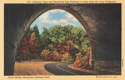 Postcard Chimney Tops and Newfound Gap Hwy, Great Smoky Mts Natl Park VTG ME5.
