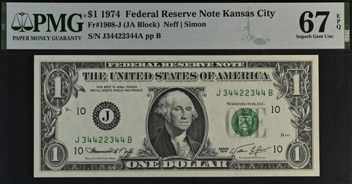 1974 $1 Federal Reserve Note PMG 67EPQ Superb Gem Bookend Serial Number 34422344 - Picture 2 of 3