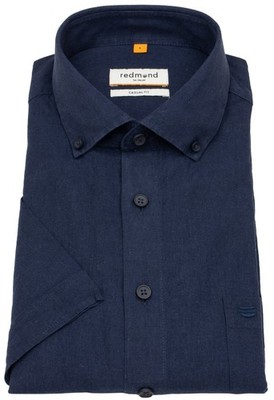 Redmond Kurzarmhemd Casual Fit Leinen Mix Button Down Kragen dunkelblau