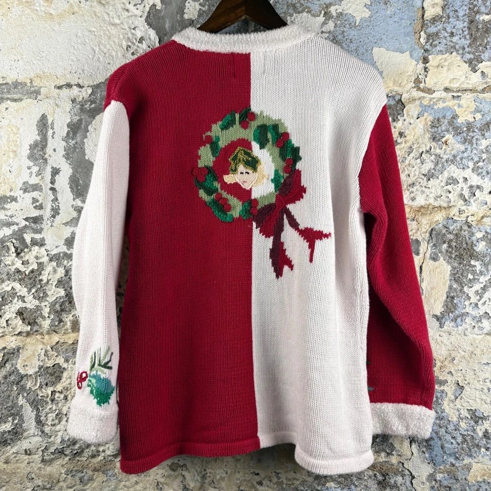 VTG Storybook Knits Ugly Christmas Cardigan Elf Wreath Fair Isle Holiday L - Image 2 of 4