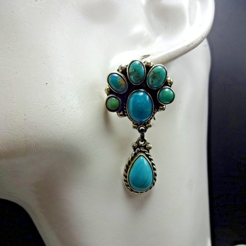 FEDERICO JIMENEZ Sterling Silver TURQUOISE Cluster Pierced EARRINGS "Bear Paw" - Picture 13 of 15