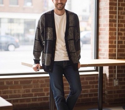 Vtg Knights Bridge Mens Cardigan Sz M Black Plaid Acrylic Grandpacore Grunge USA