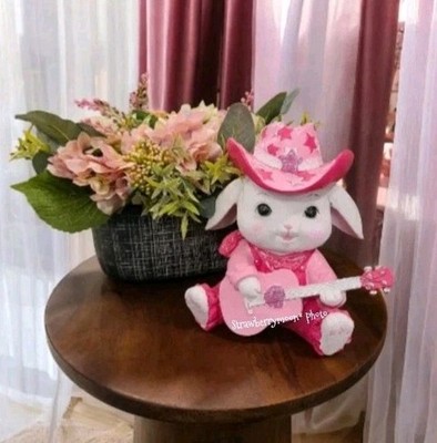 Easter Bunny Rabbit Sparkly Pink Cowboy Hat Overalls Guitar Figure Decor NEW