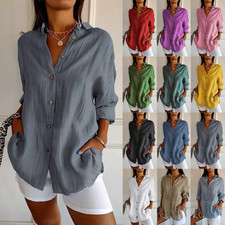 Ladies Loose Shirts Button Up Long Sleeve Casual Loose Tee Blouse Tops PLUS SIZE