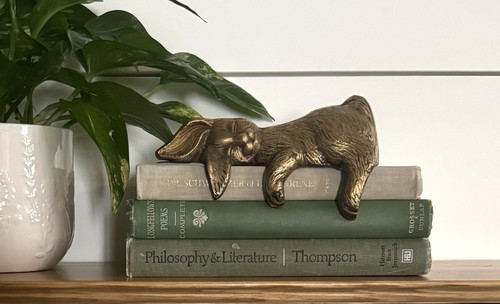 Vintage Solid Brass Sleeping Bunny Rabbit Shelf Sitter Figurine - Picture 2 of 16