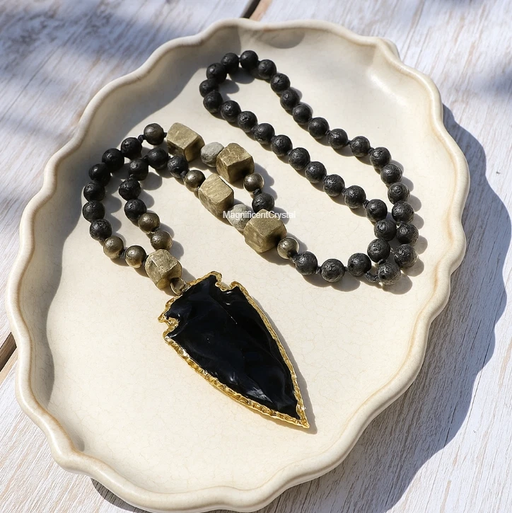 Collar Curativo Lava Obsidiana Mala Hombres Cuentas Anudadas Colgante Meditación Joyería Foto 4 de 4