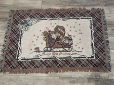 ⭐⭐⭐⭐⭐ Baby's First Christmas Tapestry Throw Fringed Blanket Teddy Bear Sleigh