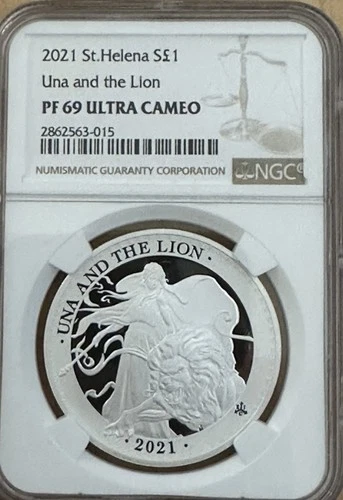 2021 St  Helena Una and The Lion 1 oz Silver Proof NGC PF69 BOX COA SPOTTED
