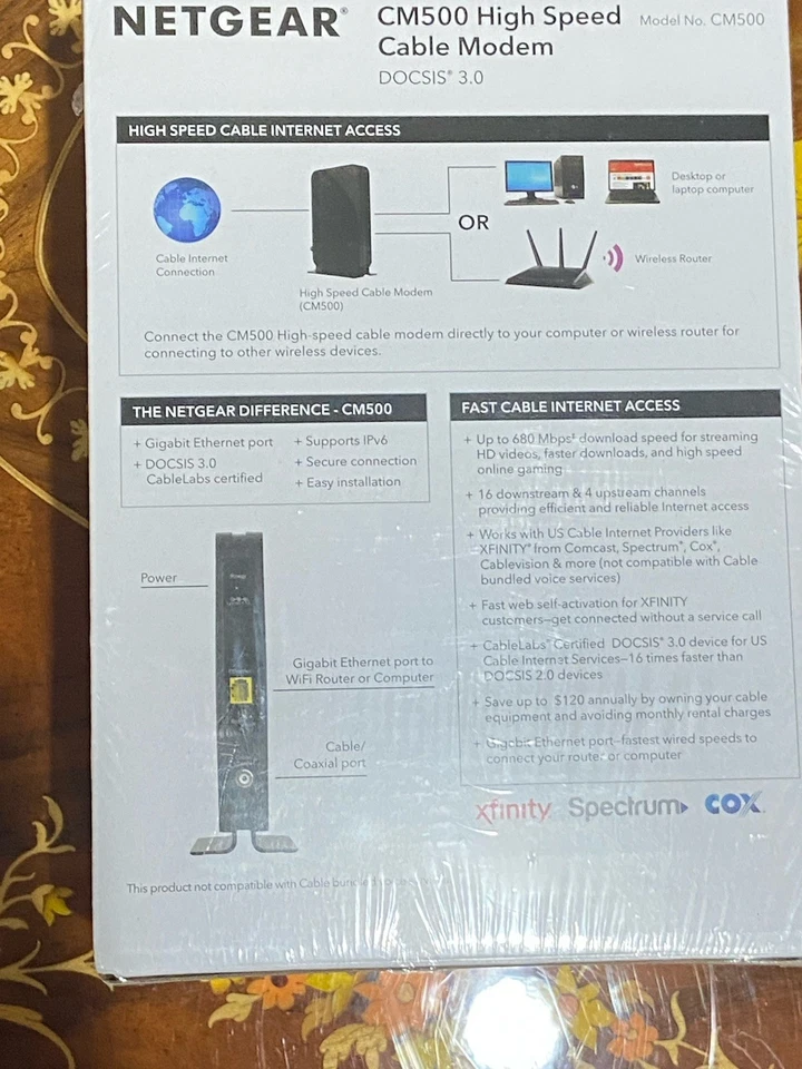 Netgear CM500 High Speed Cable Modem DOCSIS 3.0 Xfinity Cox Spectrum Comcast Nib - Image 2 of 4
