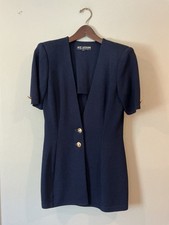 St John Knit Blue Santana Short Sleeve Blazer Gold Buttons Long Size 6