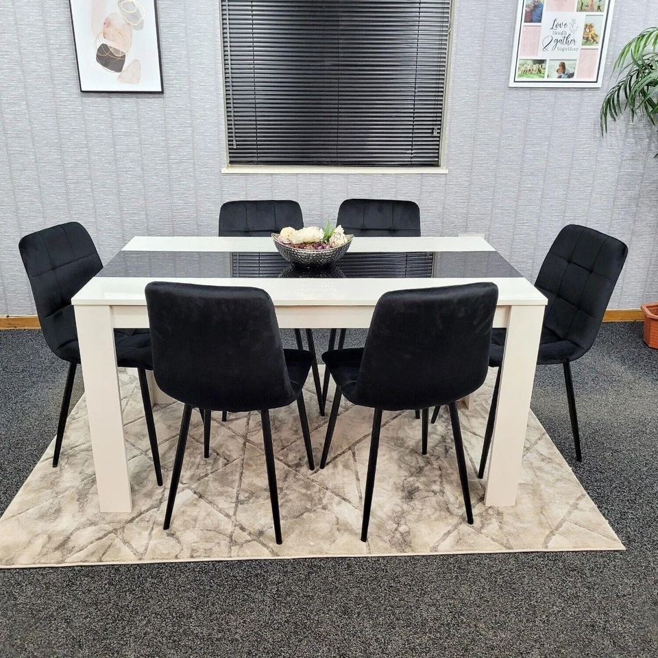 Black & White Wood Dining Table Set with 6 Velvet Chairs Dining Room Furniture - Image 3 of 4