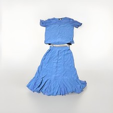 Carole Little Blue Rayon 2-Piece Blouse  Skirt Set Crew Neck Ruffle 14