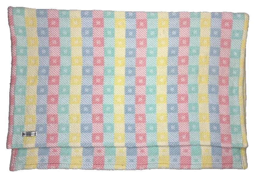 Brahms / Mount Baby Blanket Pastel Pink Blue Yellow Green Vtg Squares Cotton USA - Image 3 of 3