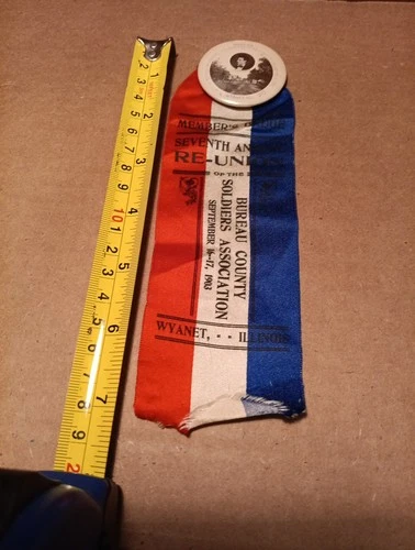 Original GAR Ribbon & Button Wyanet Illinois 1903 7th Ann.  Beardless Lincoln