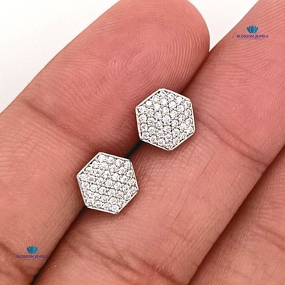 0.39 Ct Round Lab Grown/CVD Diamond Hexagon Shape Earrings 14K White Gold Plated