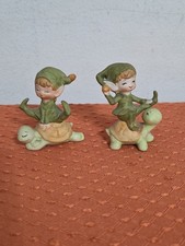2 Vintage Lefton Green Pixie Elf Sitting On Turtle Figurine Miniature Porcelain