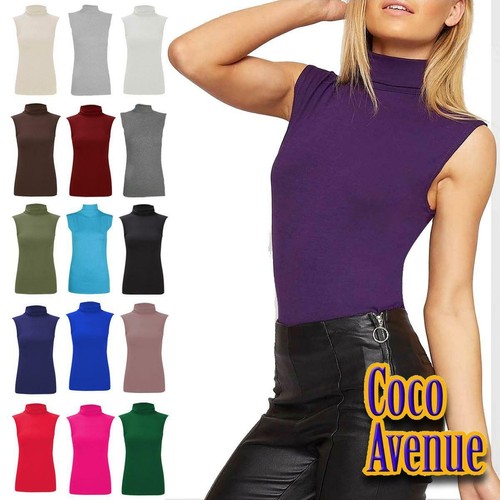 Ladies High Polo Neck Sleeveless Top Casual Plain Stretchy Bodycon Vest T- Shirt | eBay