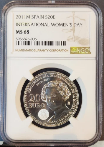 2011 SPAIN SILVER 20 EURO S20E INTERNATIONAL WOMENS DAY NGC MS 68 SCARCE TOP POP