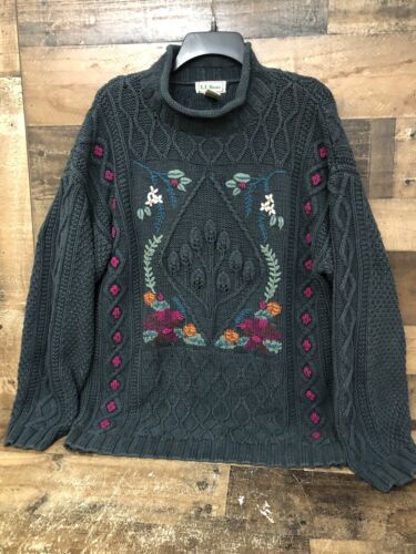 LL Bean Size Medium Chunky Knit Green Embroidered Sweater Pullover Vintage 90s - Picture 2 of 23