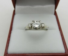 Vintage Solid 14k White Gold Round Diamond with Accents Engagement Ring