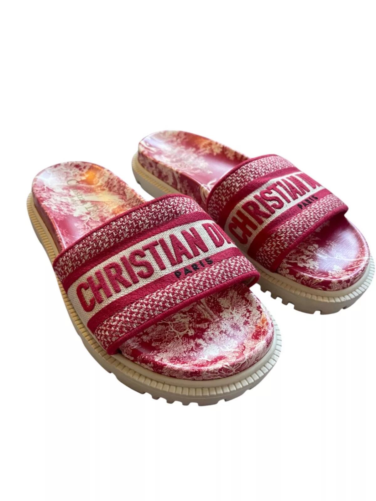 Christian Dior Dway Toile De Jouy Slides en Rouge Taille 36,5