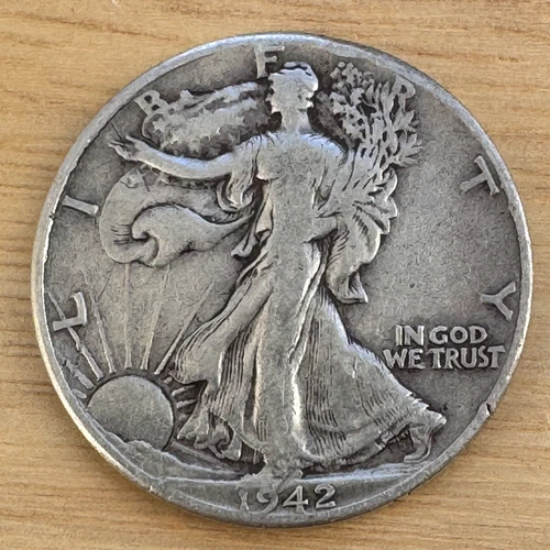 1942 Walking Liberty Half Dollar, 90% Silver, Fine Coin