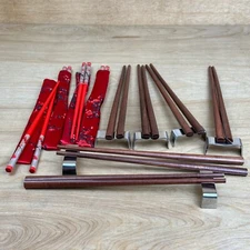 Vintage Japan Steel Inlay Wood Chopsticks & Floral w Silk Covers & Stands