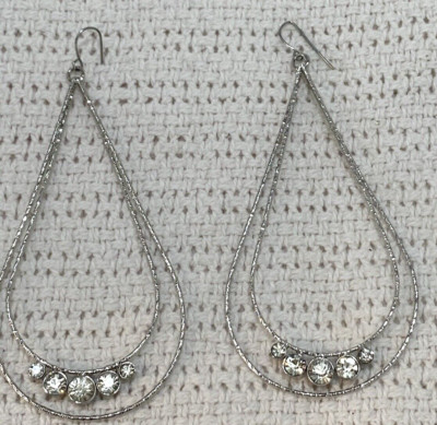 Over The Top Large Silver Tone & Clear Rhinestone Dangle Teardrop Earrings