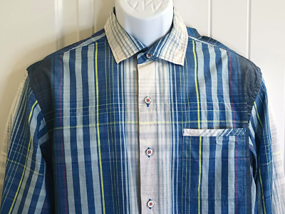 Tommy Bahama Mens Dress Shirt Medium Blue Plaid Thick Button Pocket Nice Quality