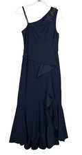 Adrianna Papell Studio Women’s Gown 6 Navy One Shoulder Beaded Ruffle NWOT