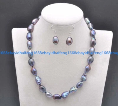 7-8/8-9/9-10mm Natürliche Schwarz Süßwasser Barock Perle Halskette Ohrringe Set - Bild 1 von 4