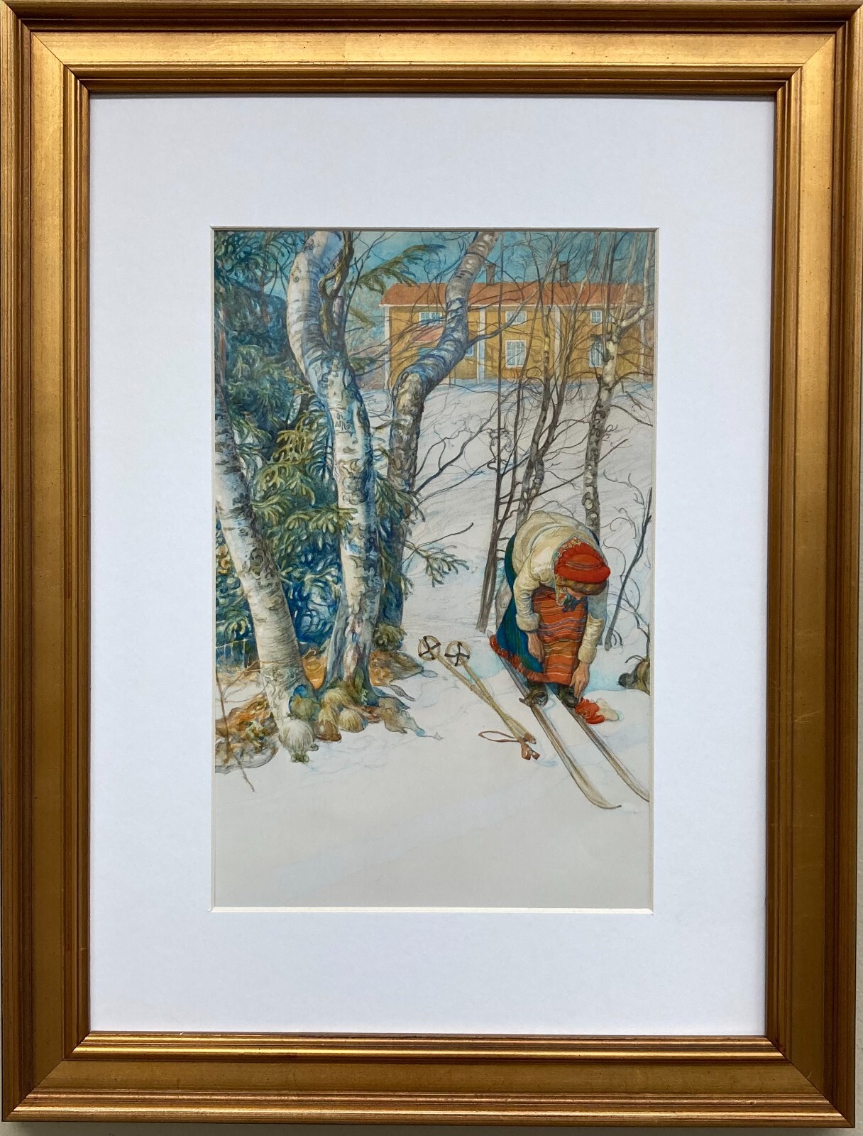 Carl Larsson "Skier - Girl Straps on her Skies" Custom Framed European Art Print