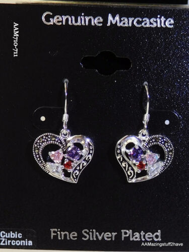 Heart Drop Earrings 1" Hook Fine Silver Plate Cubic Zirconia Stones Macy's - Picture 2 of 12