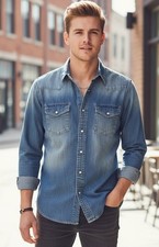 Robuck & Co. Denim Long Sleeve Pearl Snap Men's Western Shirt Small EUC