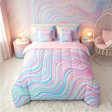 Girls Pink Rainbow Comforter Set with Sheets Queen Size Kids Stripe 7 Pieces Bed