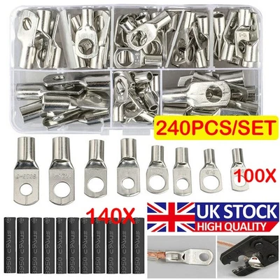 DAYDAYUP-UK 240Pcs Copper Tube Terminals Battery Welding Cable Ring Lug Crimp Connectors Kit