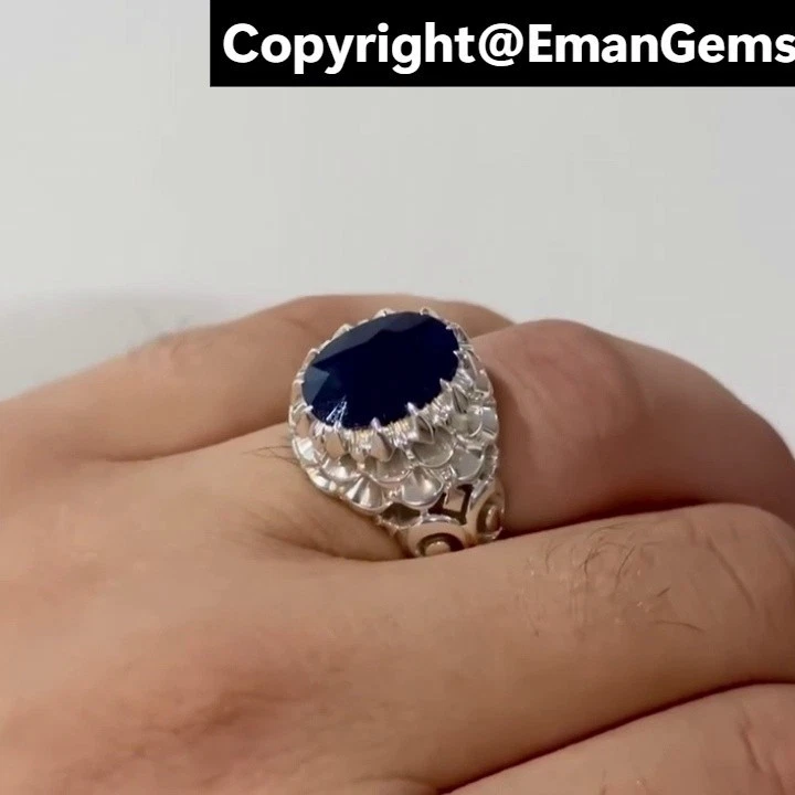 Anillo Zafiro Africano Natural Plata de Ley 925 Corte Ovalado - Elegante Regalo de Navidad Foto 2 de 4