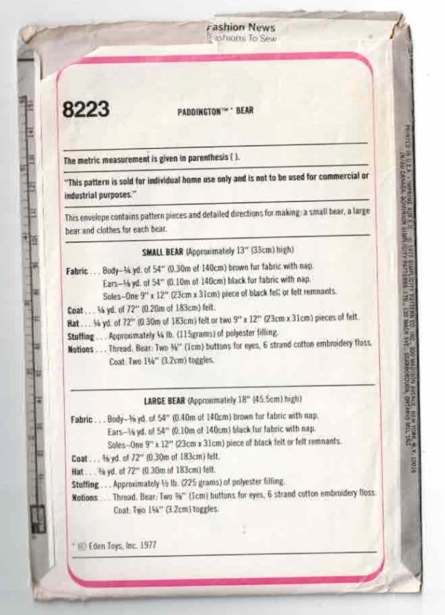 Paddington Bear Toy Pattern Simplicity 8223 Uncut/FF 1977 Vintage - Image 2 of 2