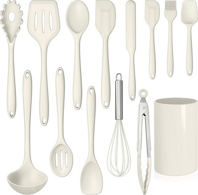 14 Piece Silicone Cooking Utensil Set with Holder Cream