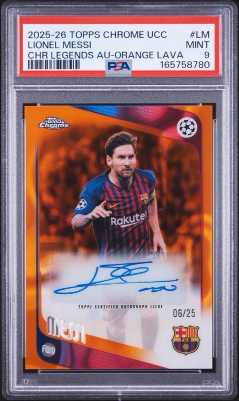 2025-26 Topps Chrome UEFA Lionel Messi Orange Lava Auto /25 - PSA 9 - Barcelona