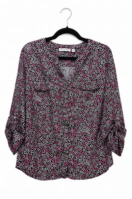 Notations Women Blouse Size L Black Pink Geometric Print  Button Up