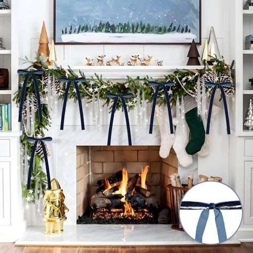 Set of 12 Pcs Vintage Velvet Bow and 3000 Strands Tinsel Icicles - 5.9" x Blue