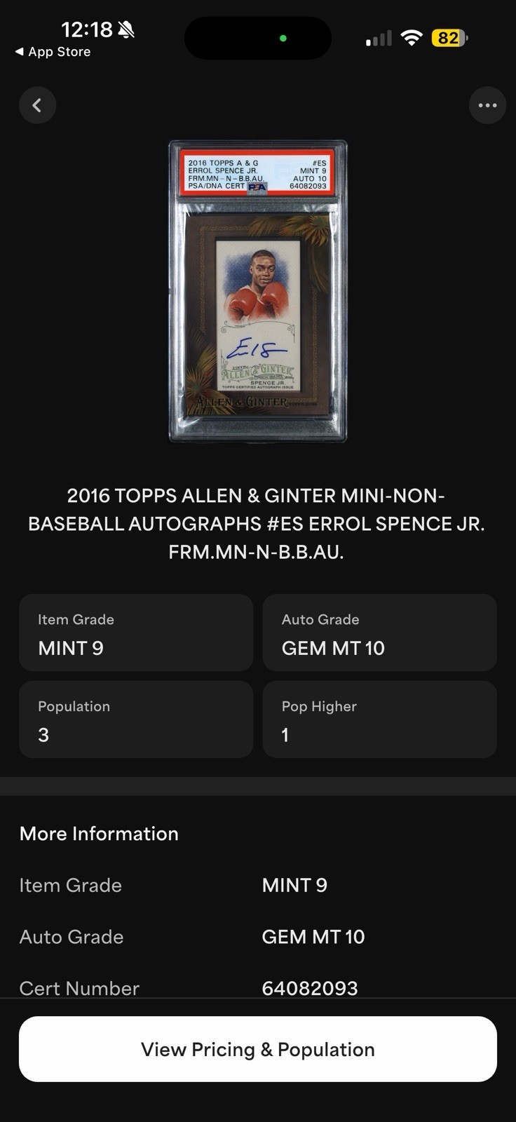 2016 Allen & Ginter Errol Spence Jr Auto Mini Card Graded PSA Mint 9 10 On Auto view 3