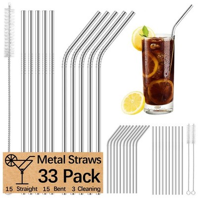 33 Pack of metal straws reusable,15 Straight +15 8.5 IN, 30 PCS Metal Straws 