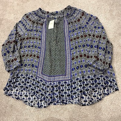 NWT Lucky Brand Smocked Peasant Top Long Sleeve Boho Gypsy Ikat Blouse 3X $99