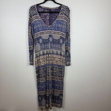 Lucky Brand Midi Dress Women's Small Blue Beige Floral V-Neck Long Sleeve Boho
