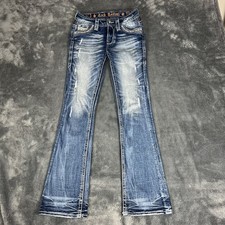 Rock Revival Women's Mid Rise Boot Blue Denim Embroidered Jeans Yui 26x32